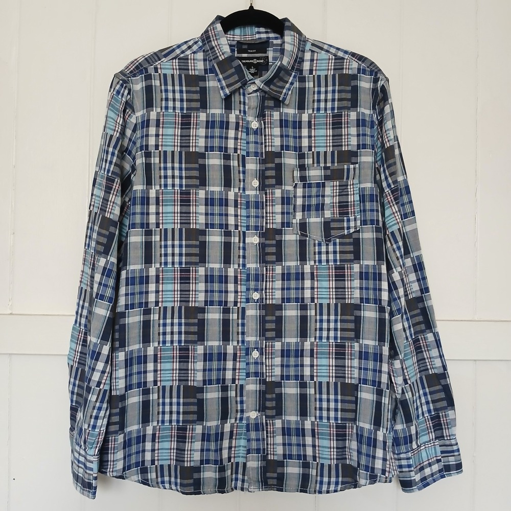 Treasure & Bond Shirt Patchwork Button‎ Up Men's Large Blue Plaid Trim Fit LS